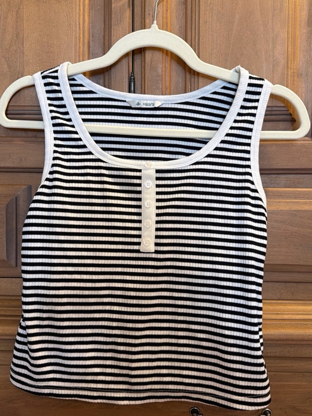 HALARA Black and White Striped Ribbed Henley Tank